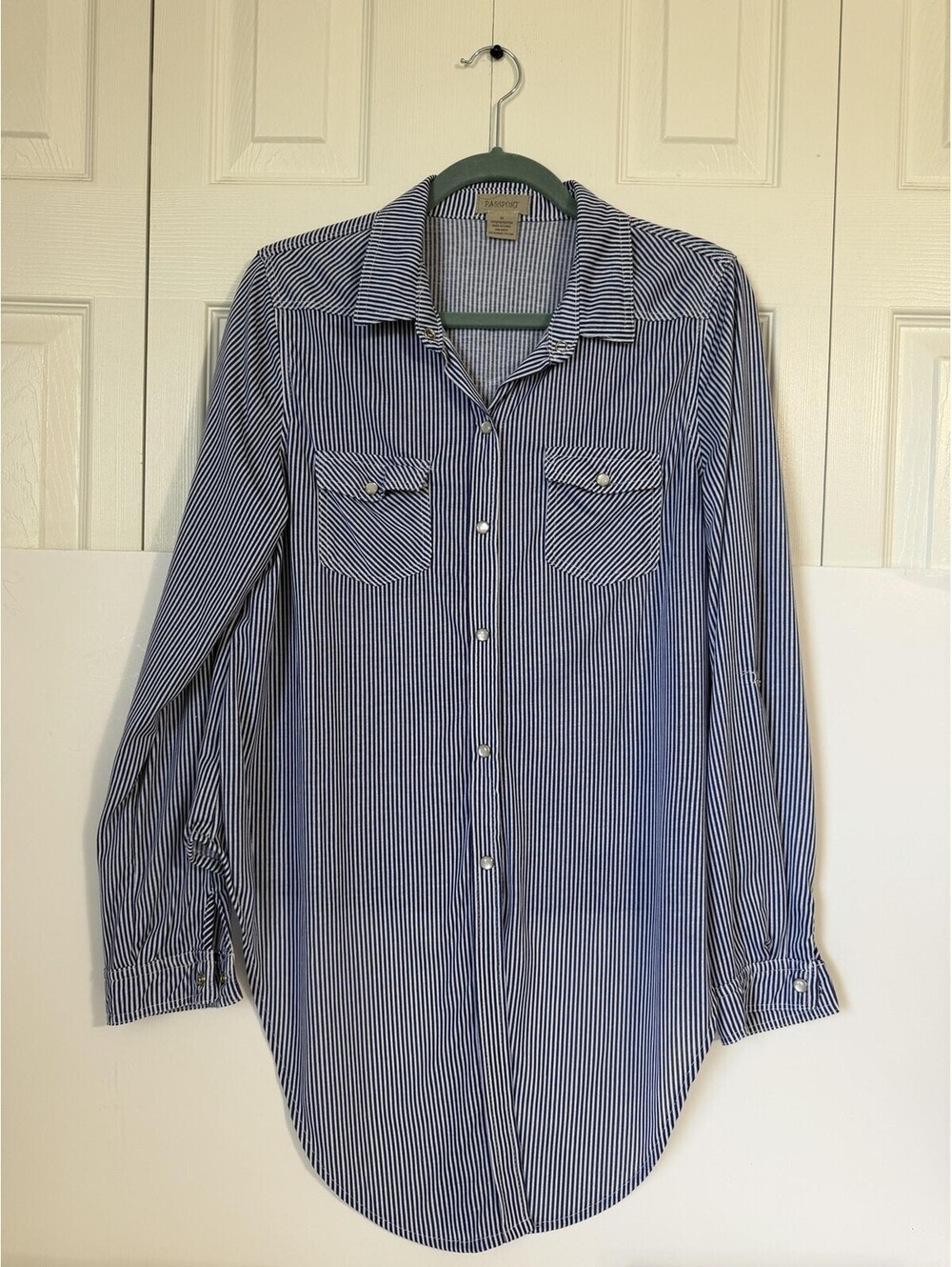 Passport Womens Blue White Stripe Long Sleeve Button Front Sheer Tunic Shirt M
